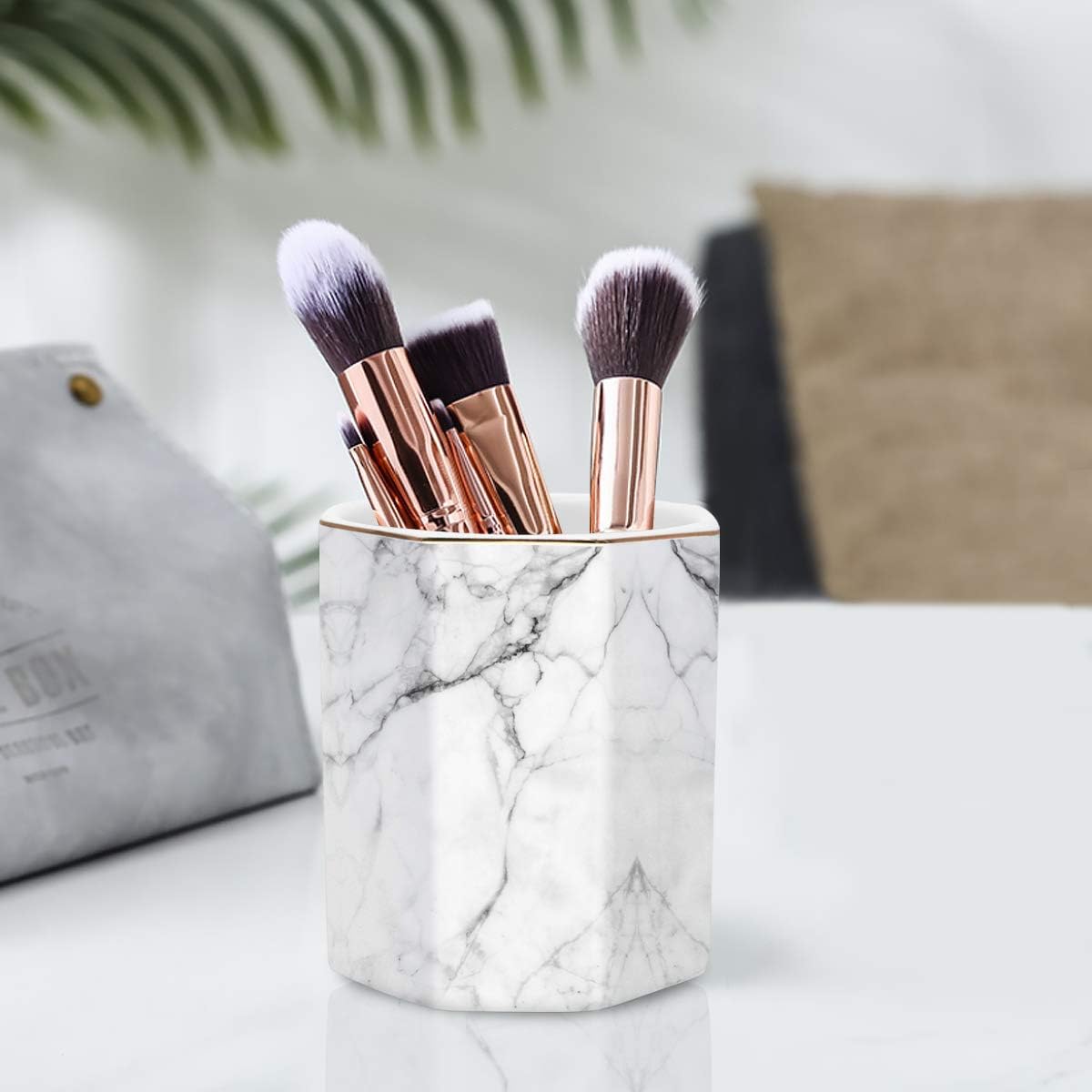 Pen Holder, Pencil Holder for Desk, Marble Desk Organizer Cute, Durable Ceramic Pencil Cup, Decorative Makeup Brush Holder Cup, Stationery Holder for Office, Home, Gray Marble