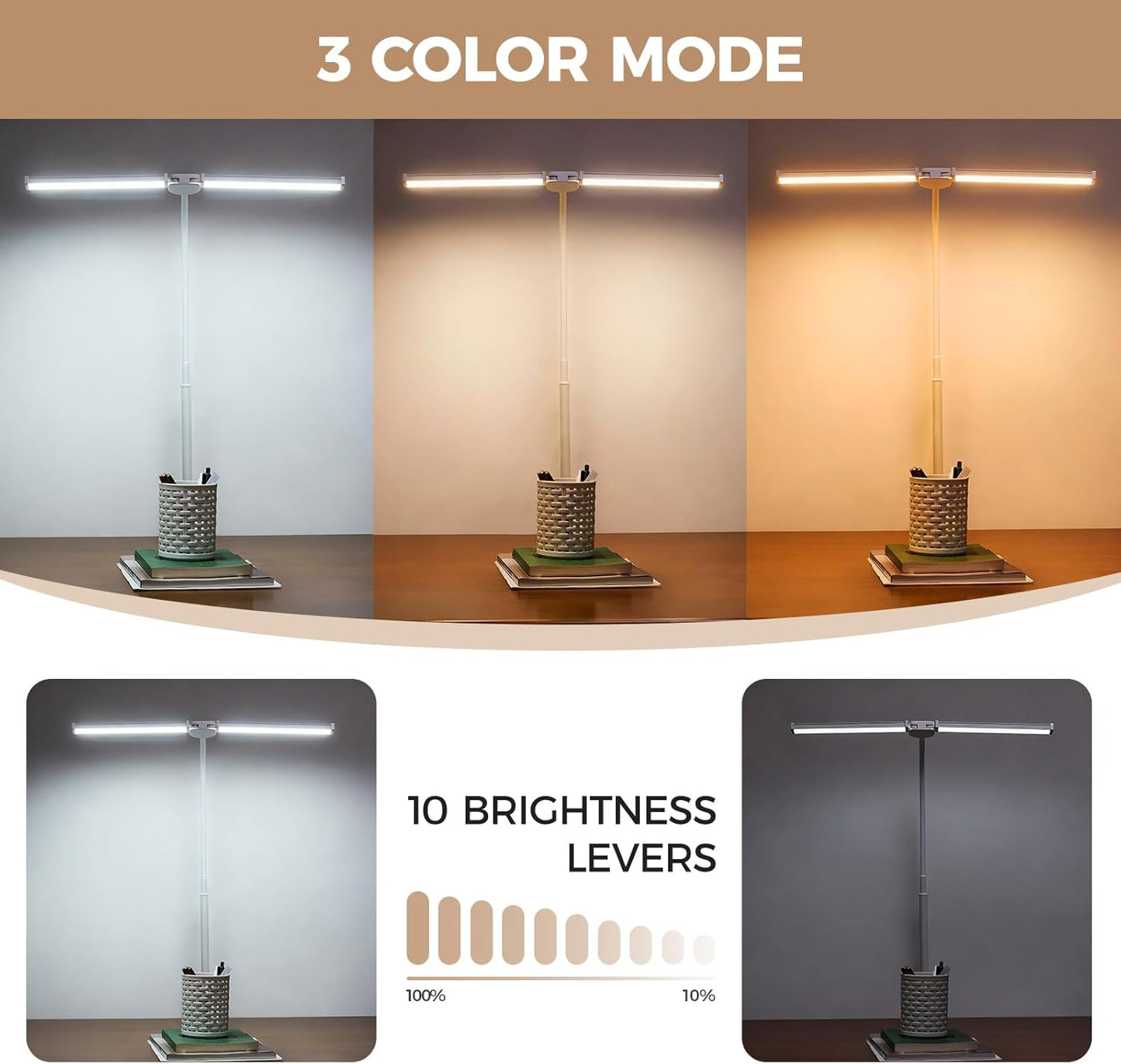 Voncerus LED Desk Lamp for Home Office, Double Head Architect Light with Clamp, Computer Monitor Clip on Light, 3 Modes and 10 Brightness, Adjustable Flexible Goose-Neck, Table Task Lamp, Black