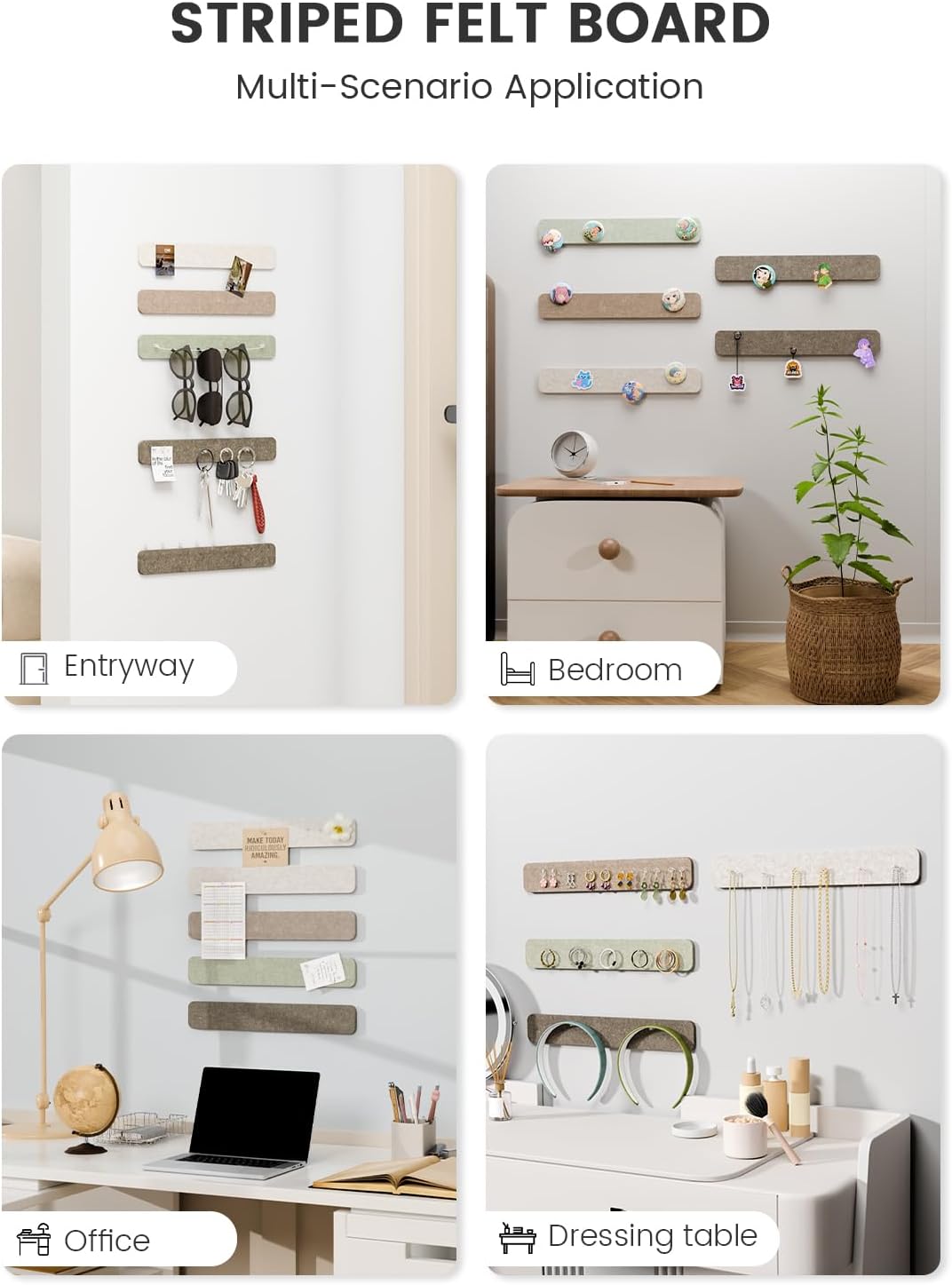 Fluxynara Cork Board Alternative Felt Strip Board 8-Pack 13"x2", Office Pin Board with 50 Push Pins, Adhesive Install for Bedroom Door & Home Office(Linen Dusk)