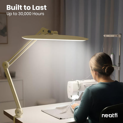 Neatfi XL 2200 Lumens 24W LED Desk Lamp – Shadow-Free Task Lighting | 4-Level Dimming | Home Office & Crafts Use | 20-Inch Wide Head (White, Non-CCT with Clamp)