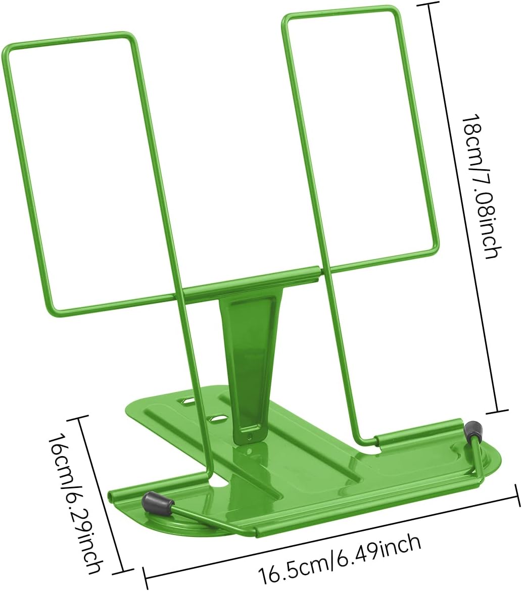 Metal Book Stand for Desk, Adjustable Reading Rest Book Holder, Portable Cookbook Documents Holder, Sturdy Typing Stand for Recipes Textbooks Tablet Music Books with Page Clips (Green)