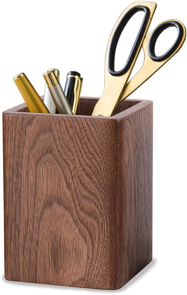 Wooden Pencil Holder, Stationery Organizer, Square Pen Cup Holder, Black Walnut Wood, Handwork, Desk Decoration, for Stationery, Make up Brushes, Desks, Offices (Brown)