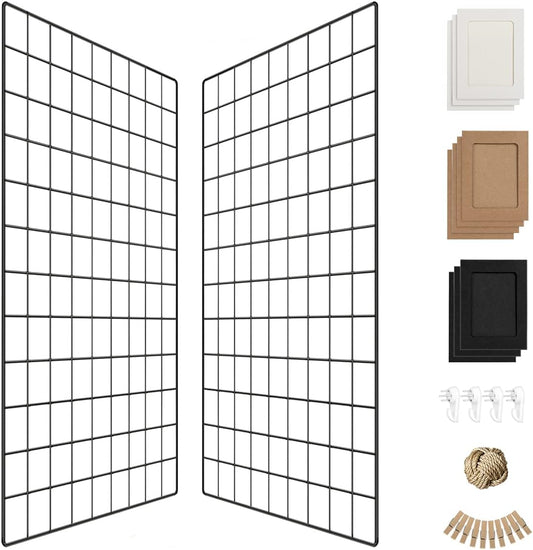 Wall Photo Grid Shelf, Wall Hanging Ins Art Display Grid Panel for Decor & Storage, Metal Wire Notice Boards & Memo Board, Mesh Tool Organiser, Wall Photo Frame 2 Pcs (Black, 15.7 x 31.5 inches)