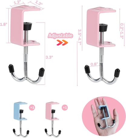 2Pcs Adjustable Purse Hooks for Table & Desk - 100lb Capacity Heavy-Duty Alloy Backpack Hanger, Multi-Use Purse Hanger for Handbag, Headphone, Umbrellas, Space-Saving Desk Organizer (Blue & Pink)
