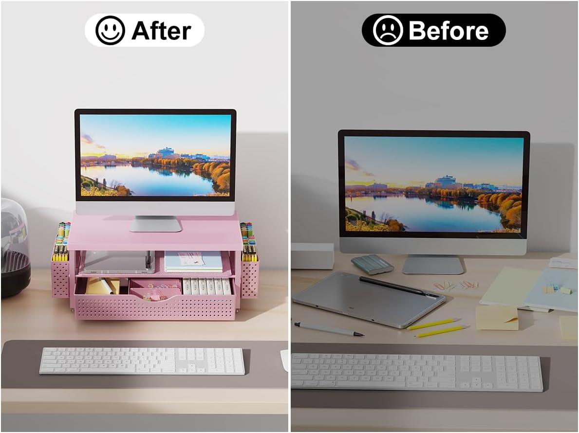 gianotter Monitor Stand Riser, Office Desk Shelf Organizer, Desk Organizer with Drawer and Pen Holder, 2-Tier Computer Stand, Office Organization (Ink)
