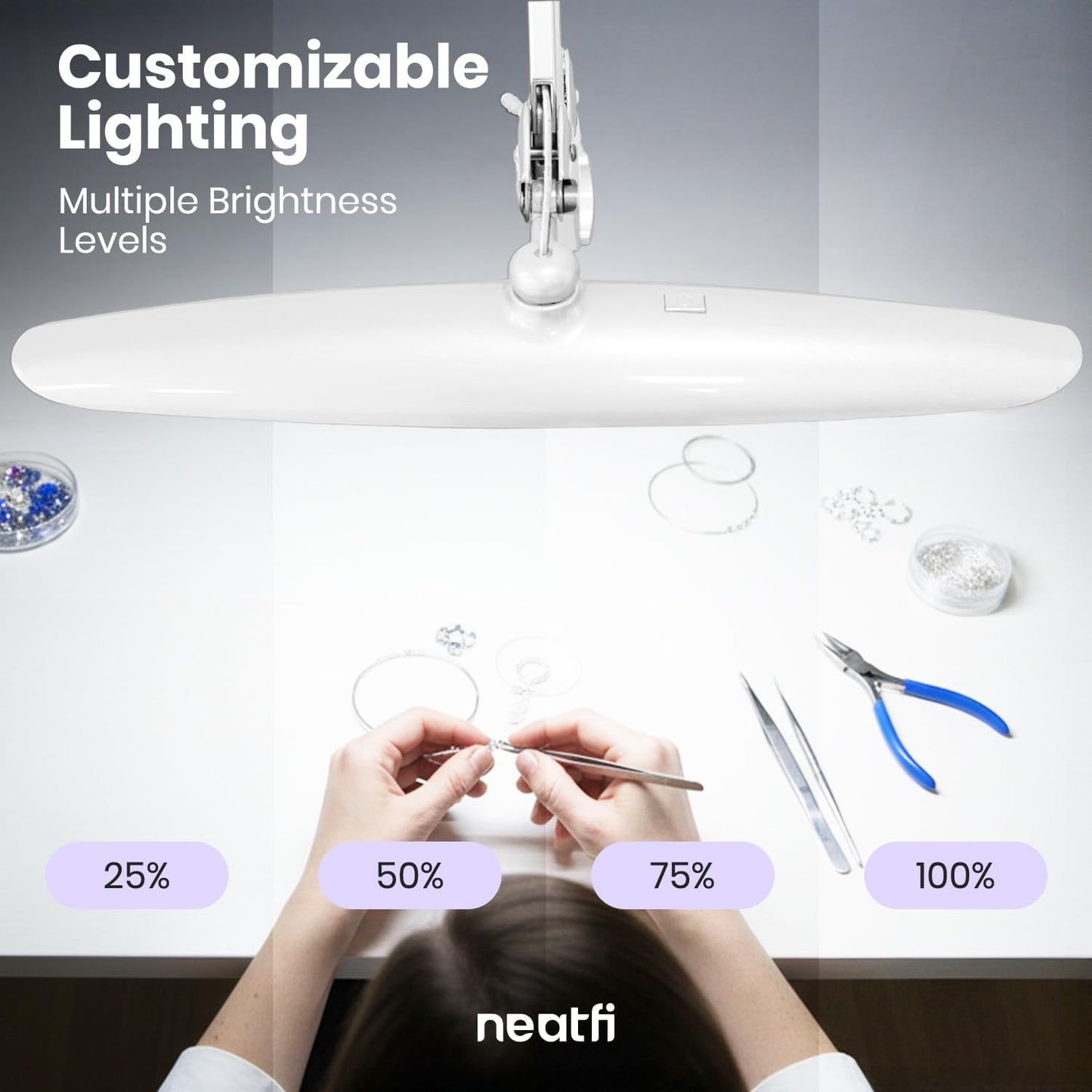 Neatfi XL 2200 Lumens 24W LED Desk Lamp – Shadow-Free Task Lighting | 4-Level Dimming | Home Office & Crafts Use | 20-Inch Wide Head (White, Non-CCT with Clamp)