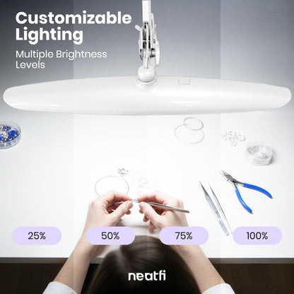 Neatfi XL 2200 Lumens 24W LED Desk Lamp – Shadow-Free Task Lighting | 4-Level Dimming | Home Office & Crafts Use | 20-Inch Wide Head (White, Non-CCT with Clamp)