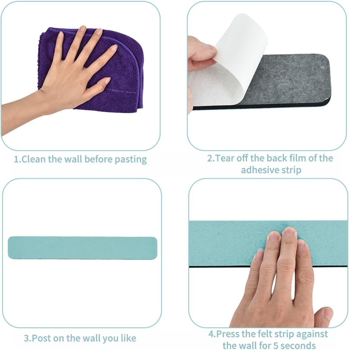 Vuzvuv 8 pcs Bulletin Board Bar Strips with 50 Pushpins & 10 Wooden Clip pins，Self Adhesive Cork Board for Wall，Felt Pin Board for School，Office Decor（Black White Grey）