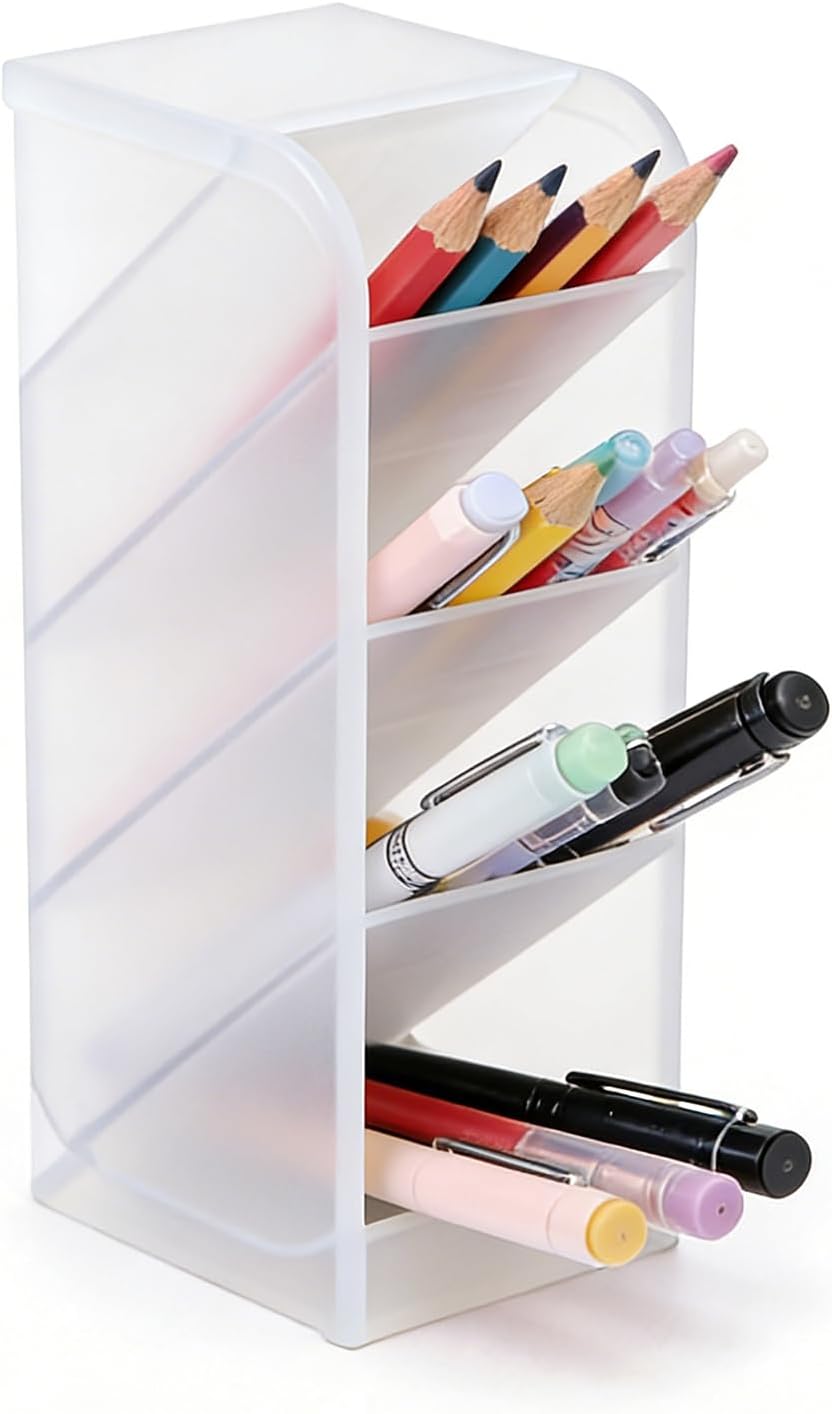 Angled Pen Holder Desk Organizer, 4 Grids Vertical Marker Organizer Pen Display Holder for Desk Stationery Pencil Storage
