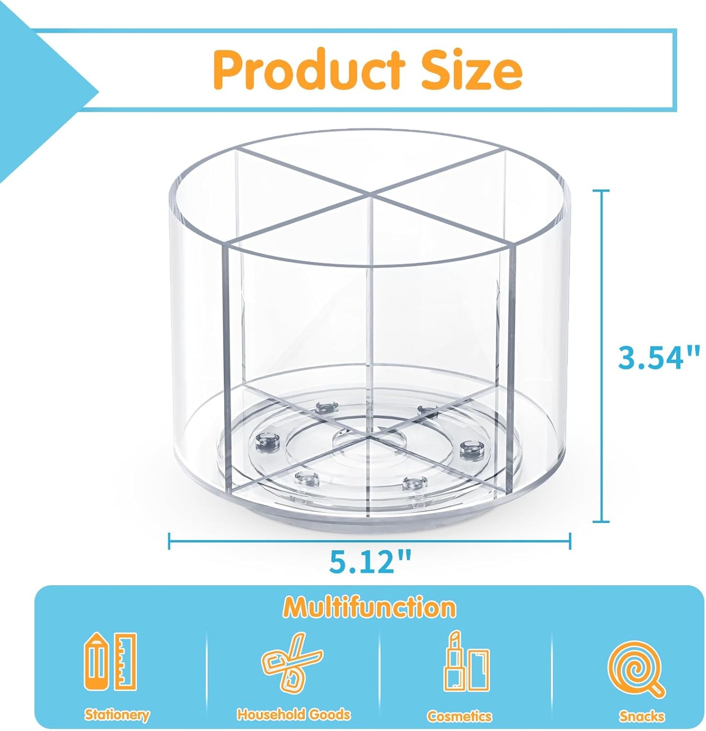 Mefirt Acrylic Pen Holder, 360 Degree Rotating Pen Organizer, Rotating Desk Acrylic Office Organizer with 6 Compartments, Marker Organizer for Kid, Crayon Caddy School Art Supply Storage Organizer