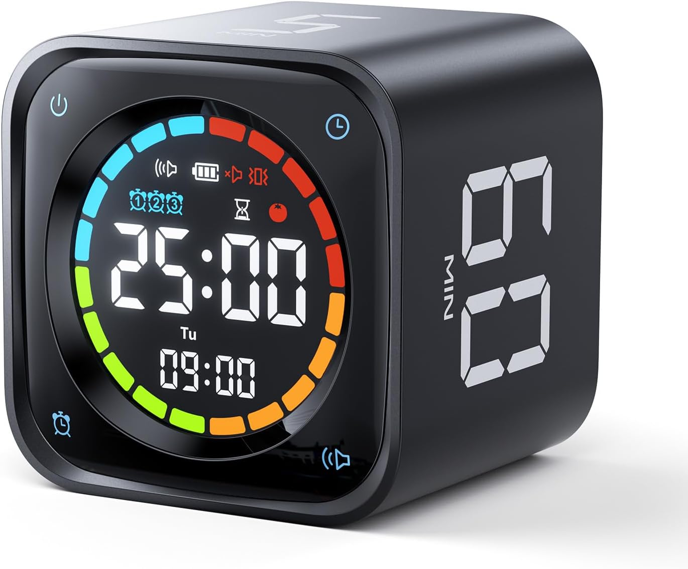 Ticktime TK3 Pomodoro Timer Cube, Productivity Timer, 5/10/30/60 Min Presets, Custom Countdown, Stopwatch & Clock, Triple Alarms, Silent/Vibration/Sound Alerts, Rechargeable for ADHD Study Task, Black