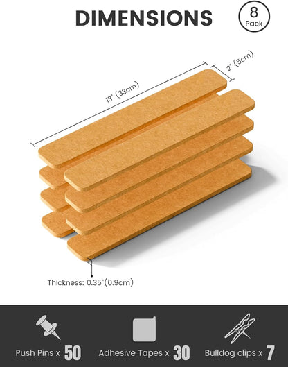 Fluxynara Cork Board Alternative Felt Strip Board 8-Pack 13"x2", Office Pin Board with 50 Push Pins, Adhesive Install for Bedroom Door & Home Office(Linen Dusk)