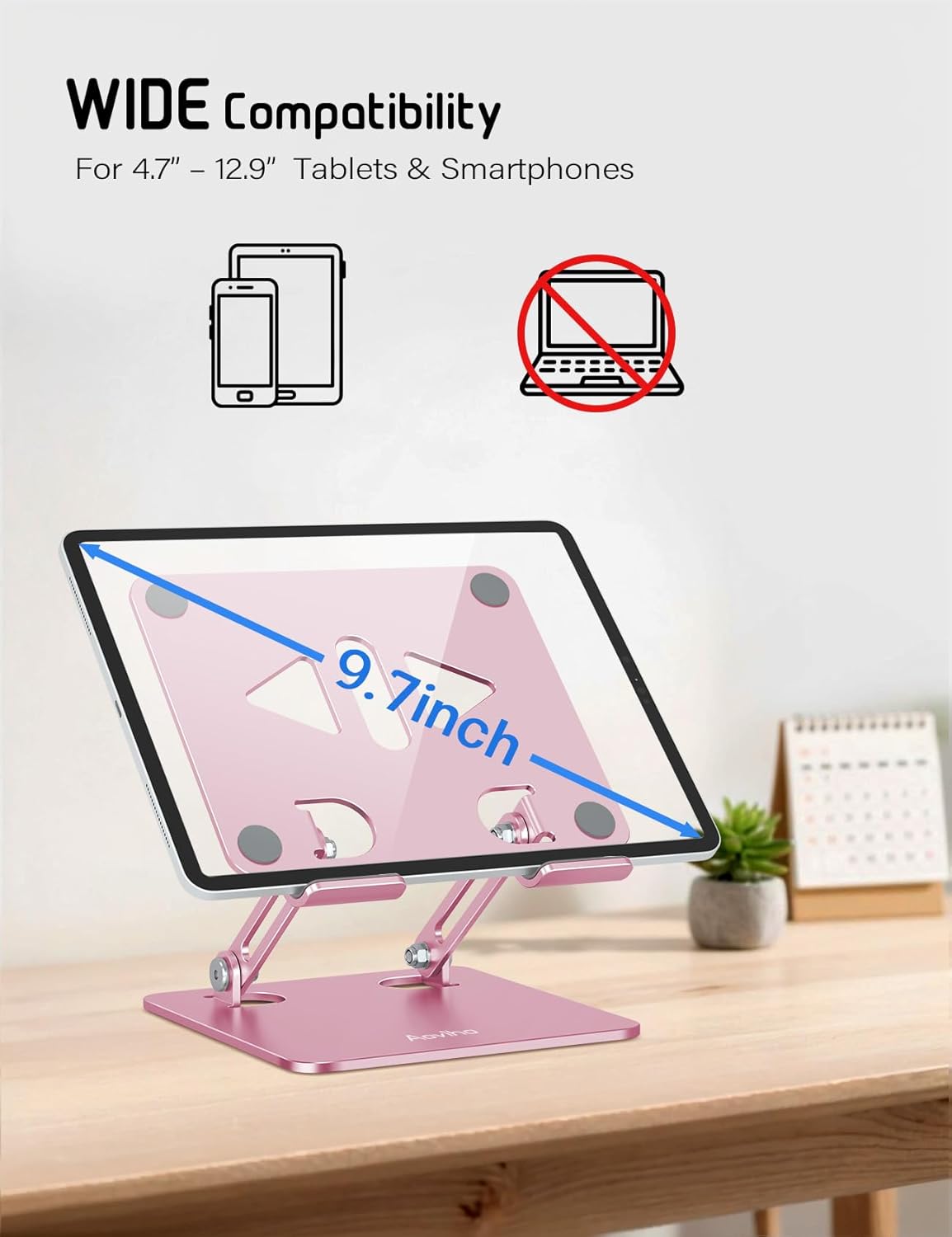 Aoviho Tablet Stand Holder for Desk, Adjustable Aluminum Desk Accessories, Stable Desktop Stand for Office Home,Compatible with iPad Pro Air Mini, Samsung Tablets, Rose Gold