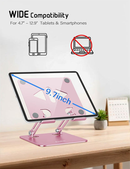 Aoviho Tablet Stand Holder for Desk, Adjustable Aluminum Desk Accessories, Stable Desktop Stand for Office Home,Compatible with iPad Pro Air Mini, Samsung Tablets, Rose Gold