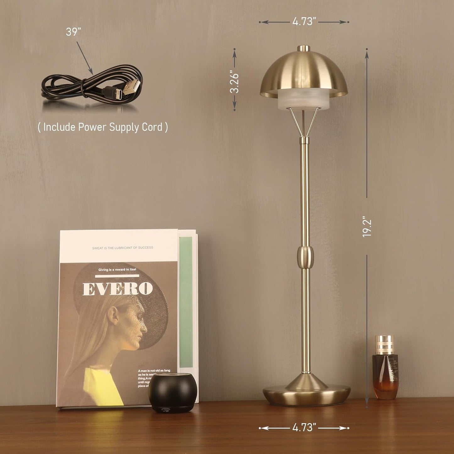 Modern Table Lamp Cordless Portable Desk Lamp, 2700K Stepless Dimming Rechargeable Battery Operated LED Lights for Bedroom, USB-C Charging, Restaurant/Bar/Night Light/Gifts (Antique Brass)