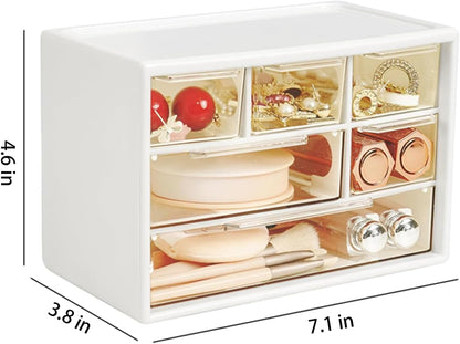 Small Drawer Organizer for Desk, 7.1" x 3. 8" x 4.6" Mini Desktop Drawer Organizer with 9 Clear Drawers, Plastic Desktop Craft Storage Box for Desk Office School Home (White)
