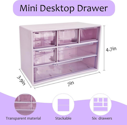 Mini Desk Drawer Organizer with 6 Clear Drawers - 7" x 3.9" x 4.7" Small Plastic Storage Box for Office, Classroom, Crafts, and Home Desktop Organization
