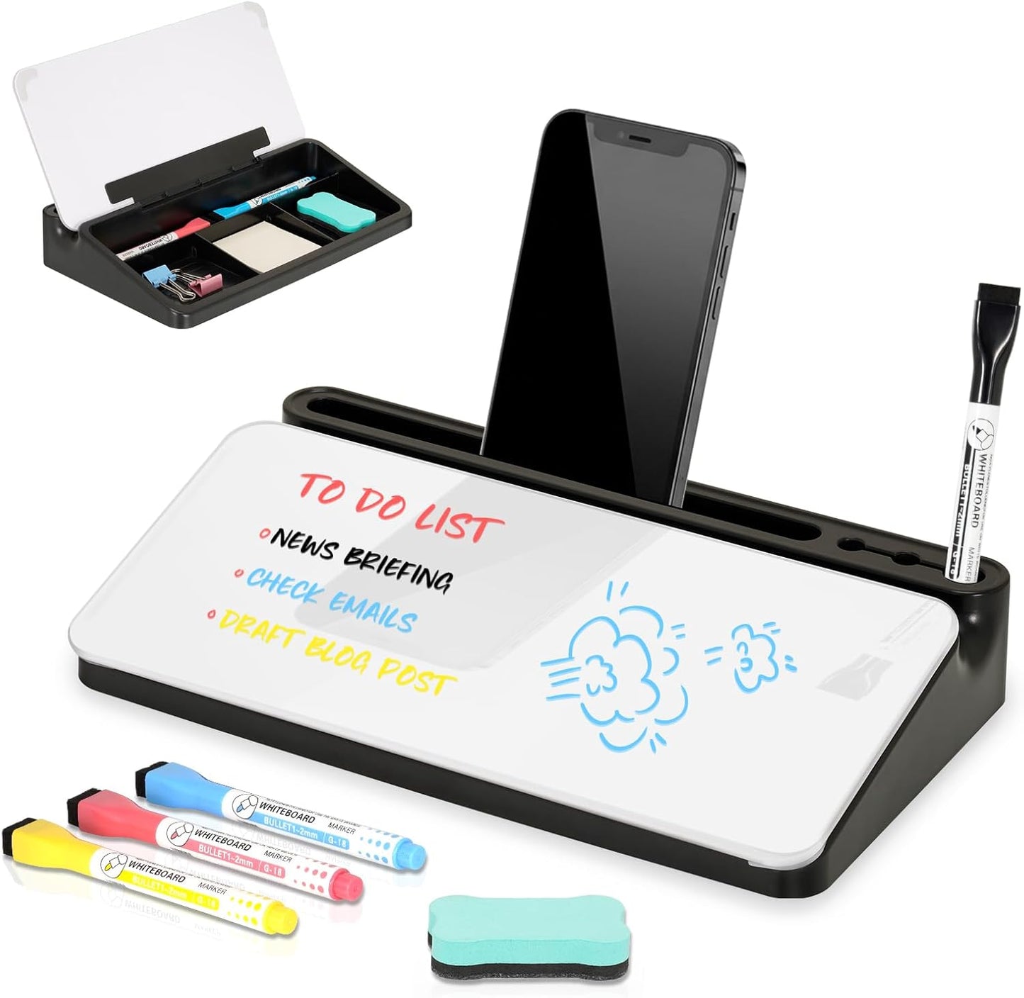 DOLLAR BOSS Glass Desk Whiteboard Calendar Small Dry Erase Board Desktop White Board with Storage Drawer Computer Keyboard Stand Desk Organizer, Colorful Weekly Calendar, Black