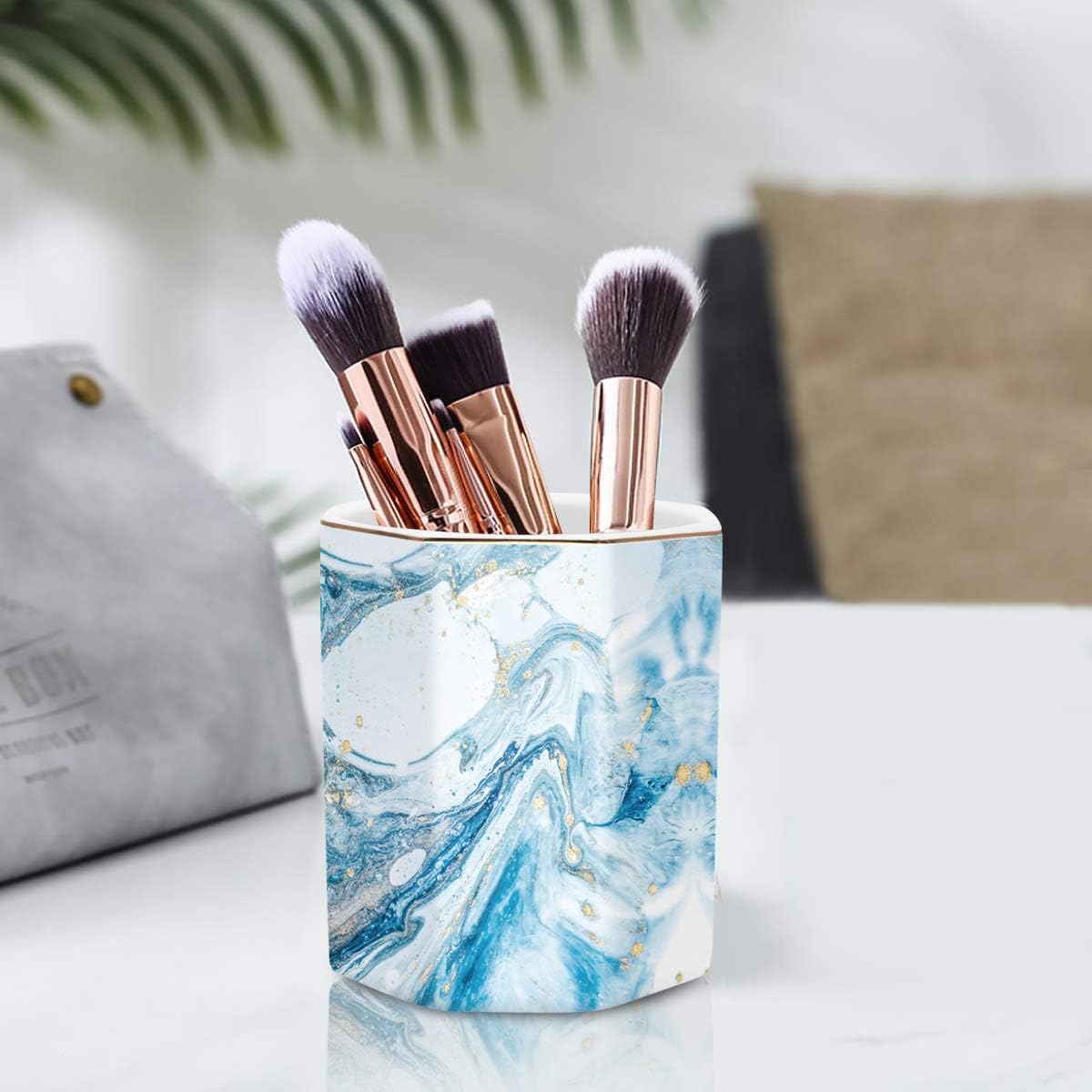 Pen Holder, Pencil Holder for Desk, Marble Desk Organizer Cute, Durable Ceramic Pencil Cup, Decorative Makeup Brush Holder Cup, Stationery Holder for Office, Home, Gray Marble