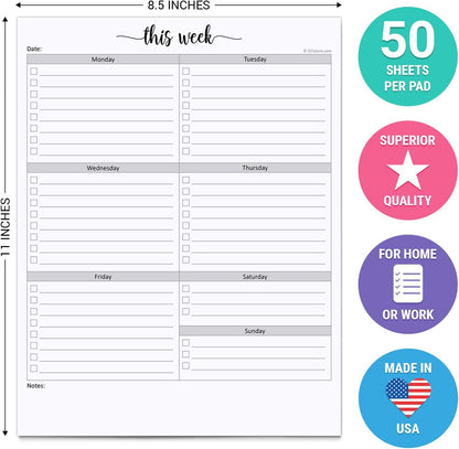 321Done Weekly Checklist Notepad - 50 Sheets (5.5" x 8.5") - This Week to Do Notepad Tear Off Planning Pad, Planner Checklist Organizing - Made in USA - Simple Script