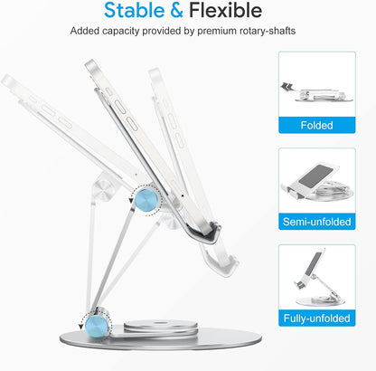 OMOTON T6 Swivel Tablet Stand for iPad with 360 Rotating Base, Foldable Adjustable Holder for Drawing, Compatible with iPad Pro/Air/Mini and More, Silver