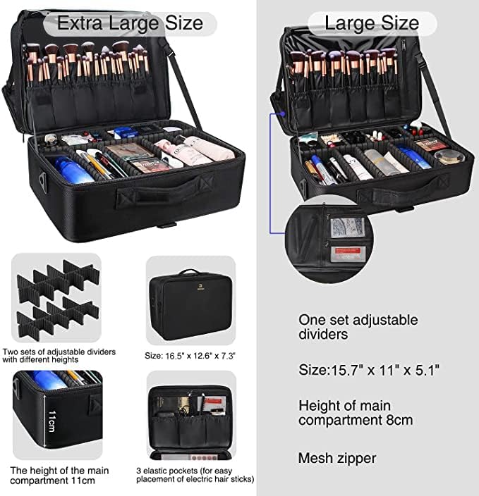 Relavel Makeup Case Large Makeup Bag Professional Train Case 16.5 inches Travel Cosmetic Organizer Brush Holder Waterproof Makeup Artist Storage Box, 3 Layer Large Capacity, with Adjustable Strap