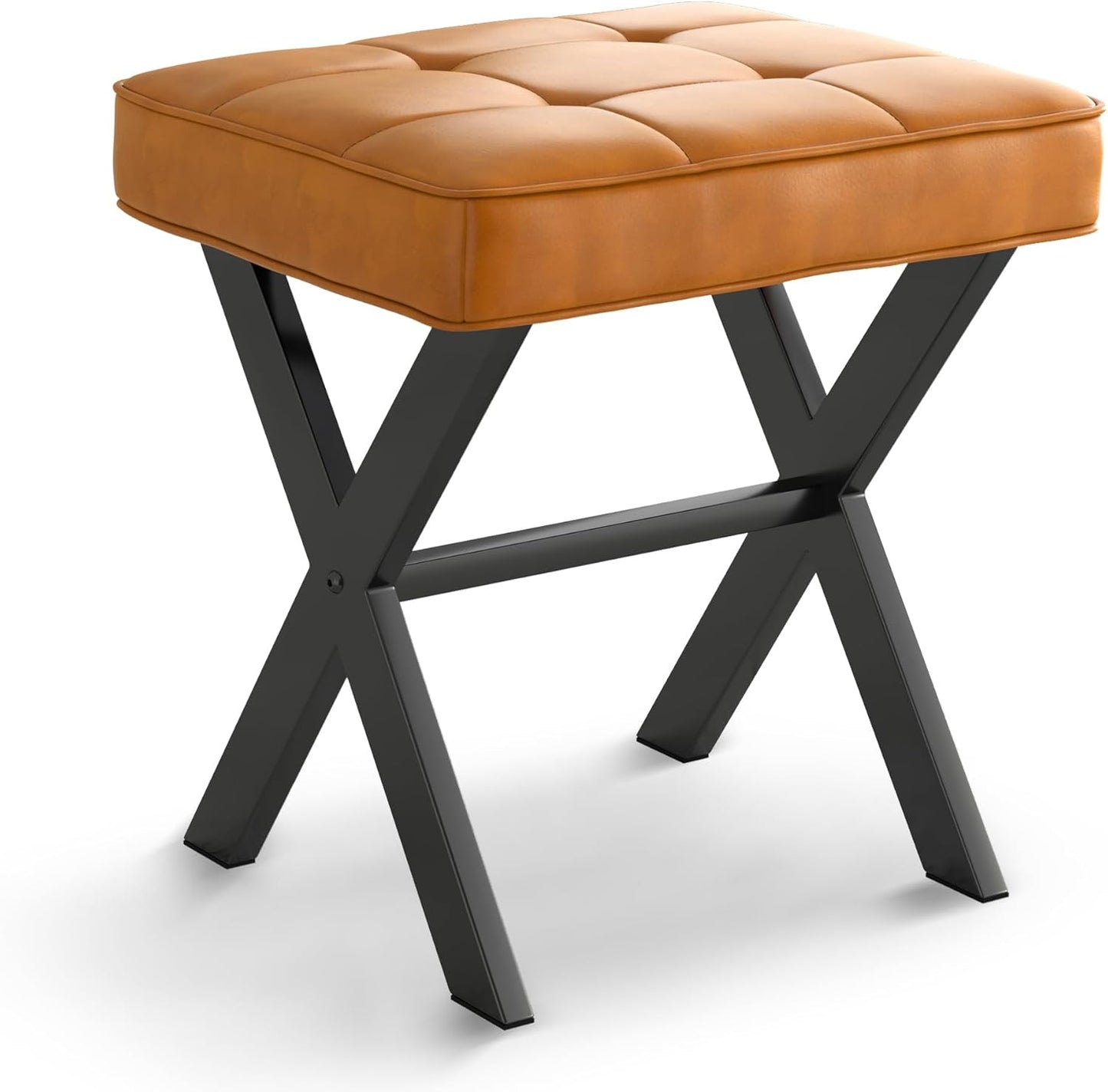 LUE BONA Square Linen Makeup Stool, Metal X Legs, Small Ottoman Stool Chair for Vanity, Modern Padded Seat Foot Rest for Makeup Room, Bathroom