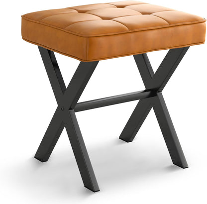 LUE BONA Square Linen Makeup Stool, Metal X Legs, Small Ottoman Stool Chair for Vanity, Modern Padded Seat Foot Rest for Makeup Room, Bathroom