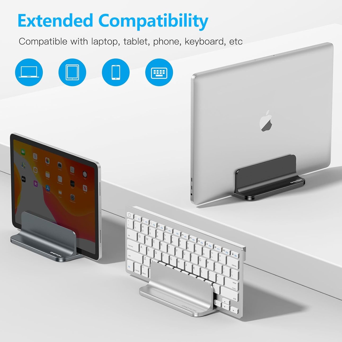 OMOTON Vertical Laptop Stand Holder, Desktop Aluminum Stand for MacBook with Adjustable Dock Size, Fits All MacBook, Surface, Chromebook and Gaming Laptops (Up to 17.3 inches), Silver