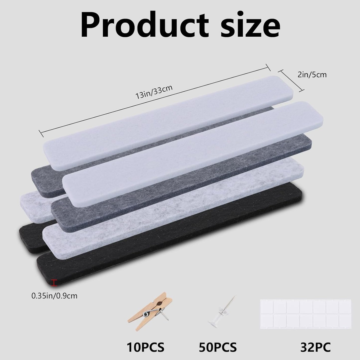 Vuzvuv 8 pcs Bulletin Board Bar Strips with 50 Pushpins & 10 Wooden Clip pins，Self Adhesive Cork Board for Wall，Felt Pin Board for School，Office Decor（Black White Grey）