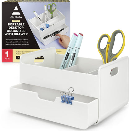 ARTEZA Desktop Pen and Marker Organizer, 6-Compartment White Pen Holder for Desk with Stationery Drawer, Makeup Organizer