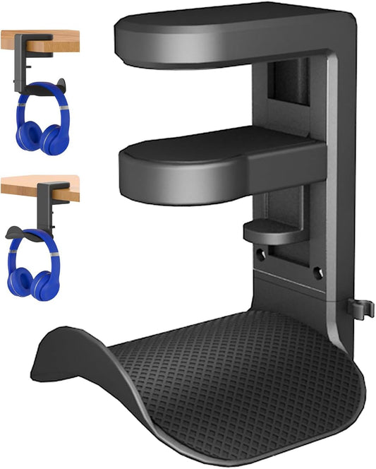 Headphone Holder Hanger Upgraded with Rotating & Adjustable Clamp for Controller & Headphones, Headset Stand Under Desk Hook Mount Built in Cable Clip