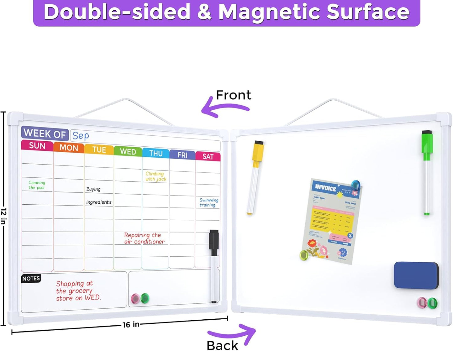 MaxGear Weekly Calendar Dry Erase Board for Wall, 16"x12" Small Hanging Double-Sided White Board with 5 Markers & 4 Magnets, Portable Whiteboard for Students - Planning, Drawing, Memo, to Do List
