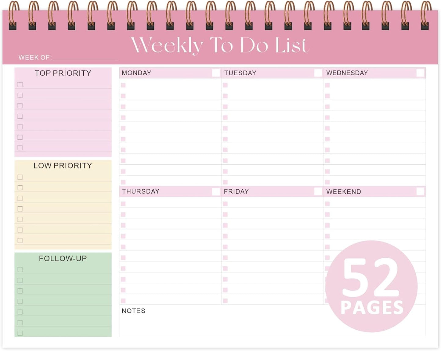 Weekly To Do List Notepad, Undated Planner with 52 Sheets (8.5''x11''), Desk Weekly Planner for Women & Man, Home School & Work
