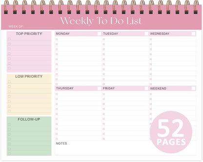 Weekly To Do List Notepad, Undated Planner with 52 Sheets (8.5''x11''), Desk Weekly Planner for Women & Man, Home School & Work