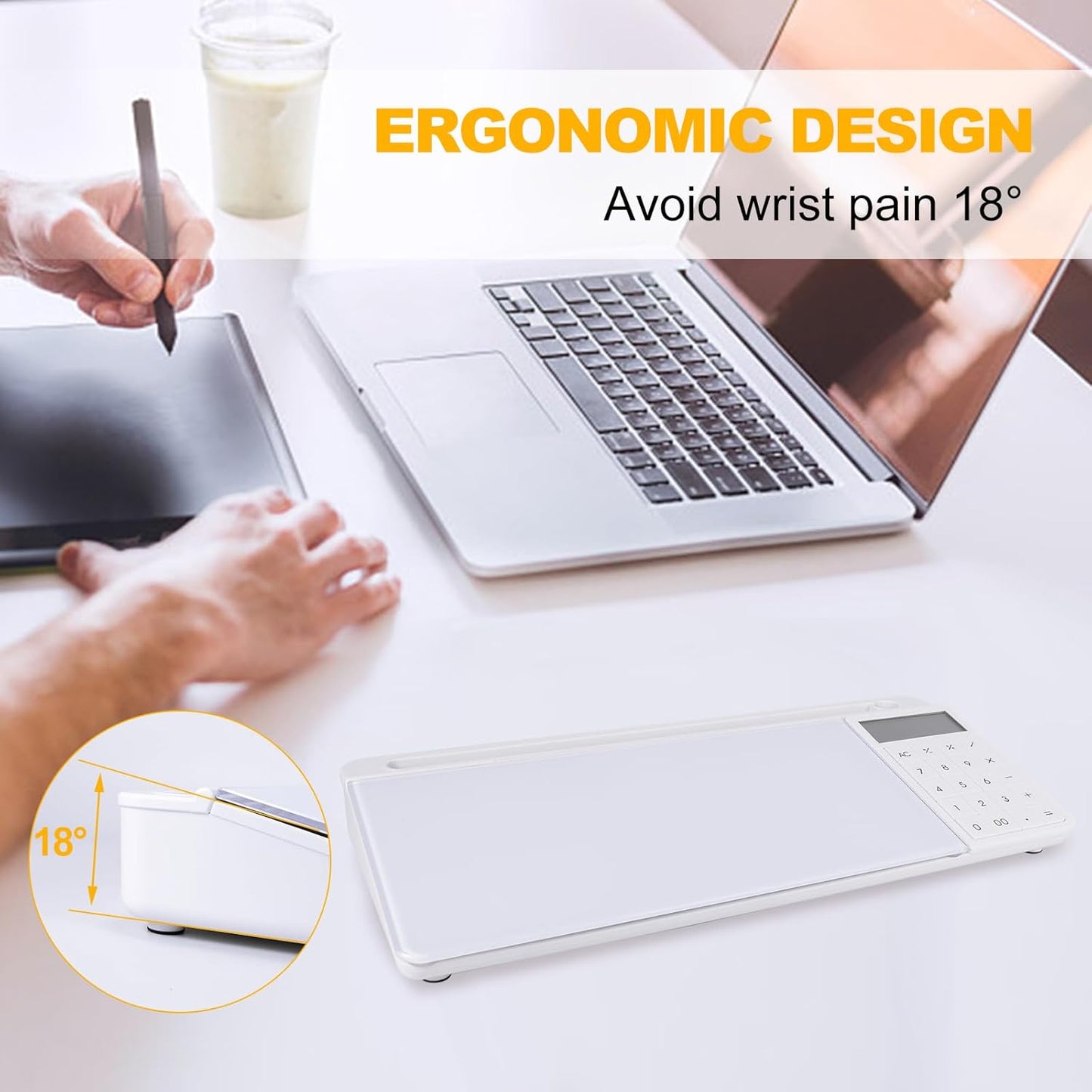 Small Glass Desktop Whiteboard Dry Erase Board with Calculator - Desktop White Board Storage Memo Notepad Computer Keyboard Stand Organizers with Accessories Markers, Eraser for Office, Home, School
