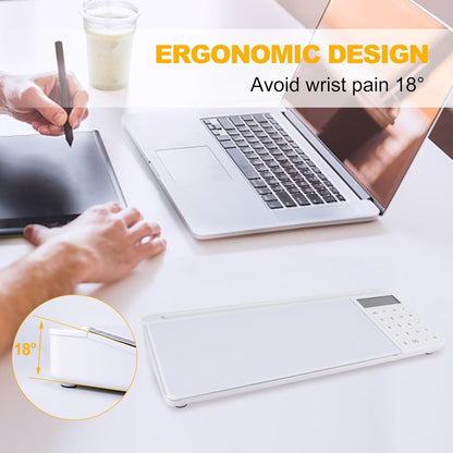 Small Glass Desktop Whiteboard Dry Erase Board with Calculator - Desktop White Board Storage Memo Notepad Computer Keyboard Stand Organizers with Accessories Markers, Eraser for Office, Home, School
