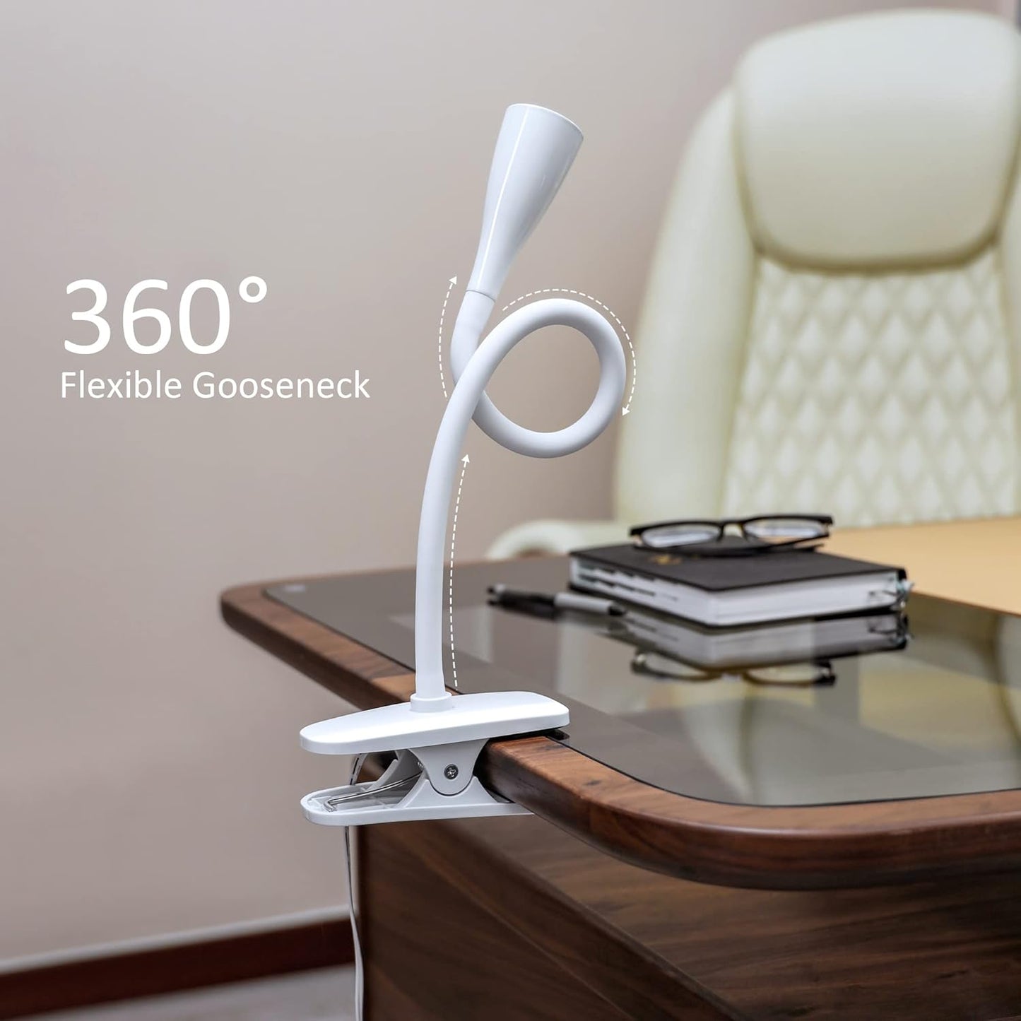 Book Light for Reading in Bed, Eye-Caring LED Reading Light, 360° Flexible Clip on headboard lamp, 5W 3000k Desk Lamp with Clamp for Bedroom, Office, Painting, Workbench and Sewing, Black