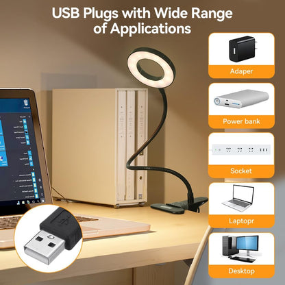 Skymore Clip on Light -3 Color Modes&10 Brightness LED Reading Desk Light with Clamp Flexible Gooseneck Book Light for Kids' Bedtime Reading, Zoom Meetings, Clip on Table, Headboard, Dorm&Office Use