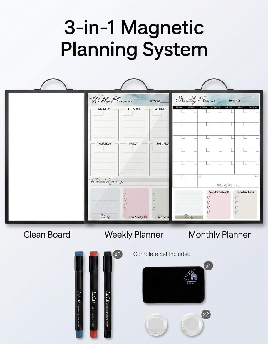 Magnetic Dry Erase Board 12x16 with Foldable Stand, Portable Gold Desktop Whiteboard for Home, Office, School & Kitchen, Includes Weekly & Monthly Magnetic Planner Sheets