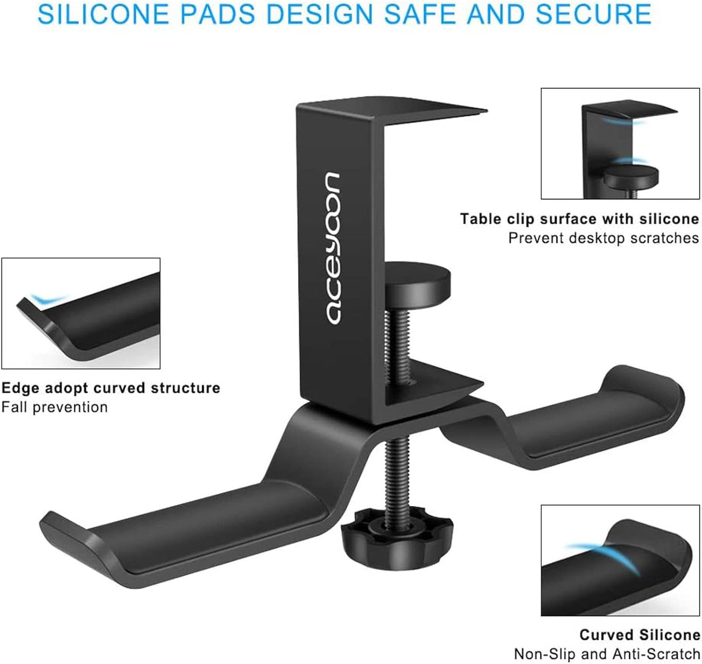 aceyoon Foldable Headphone Stand for Desk, Aluminum Headset Stand Clamp Hook Under Desk Space Save Mount, Headset Holder for Gaming Headphone, Office, Backpack, Bag, Purse Hanging (Black)