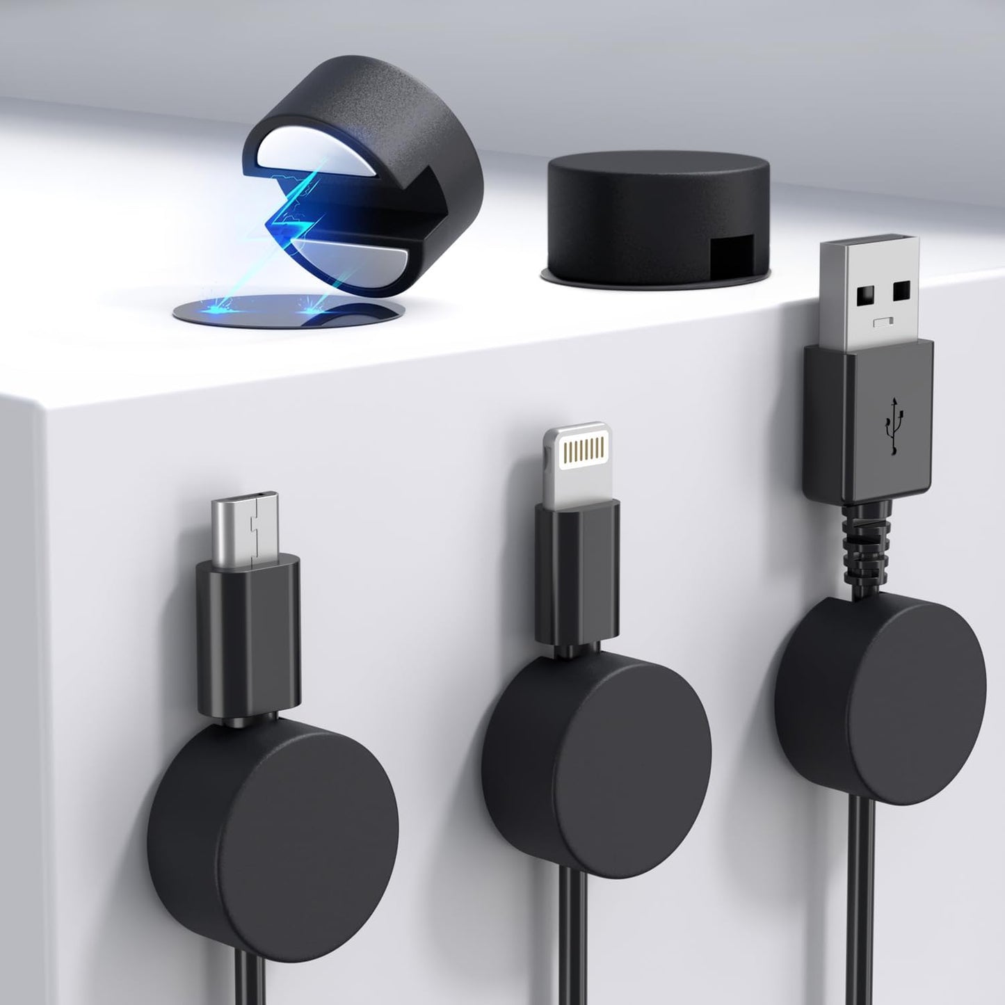 Maveek Magnetic Cord Clips Black, Silicone Cord Organizer Magnet Cable Holder Charging Cable Management Cord Keeper with Adhesive Metal Disc (5 Piece, Large Size)