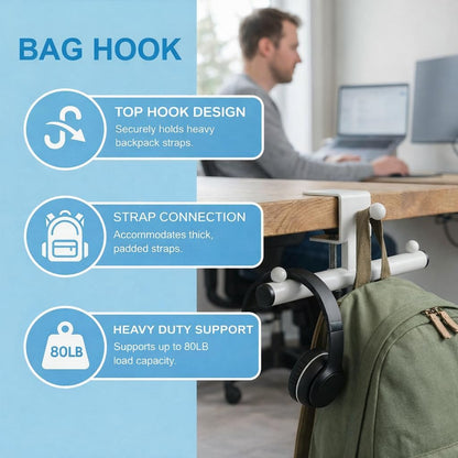 Heavy-Duty Backpack Hanger for Desk & Table, Adjustable Desk Hook for Bag with 80lb Capacity, T-Shape Backpack Holder & Purse Hook for Table, Clip-On Desk Bag Hook for Office Classroom Home