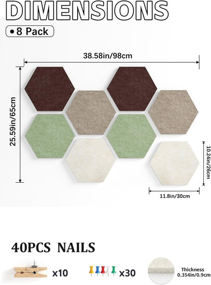 8 Pack Hexagon Felt Bulletin Board Tiles - 12" Large Thick Pin Board for Walls with 30 Push Pins, DIY Boards for Office Home School Decor, Aesthetic Hex Cork Board Alternative