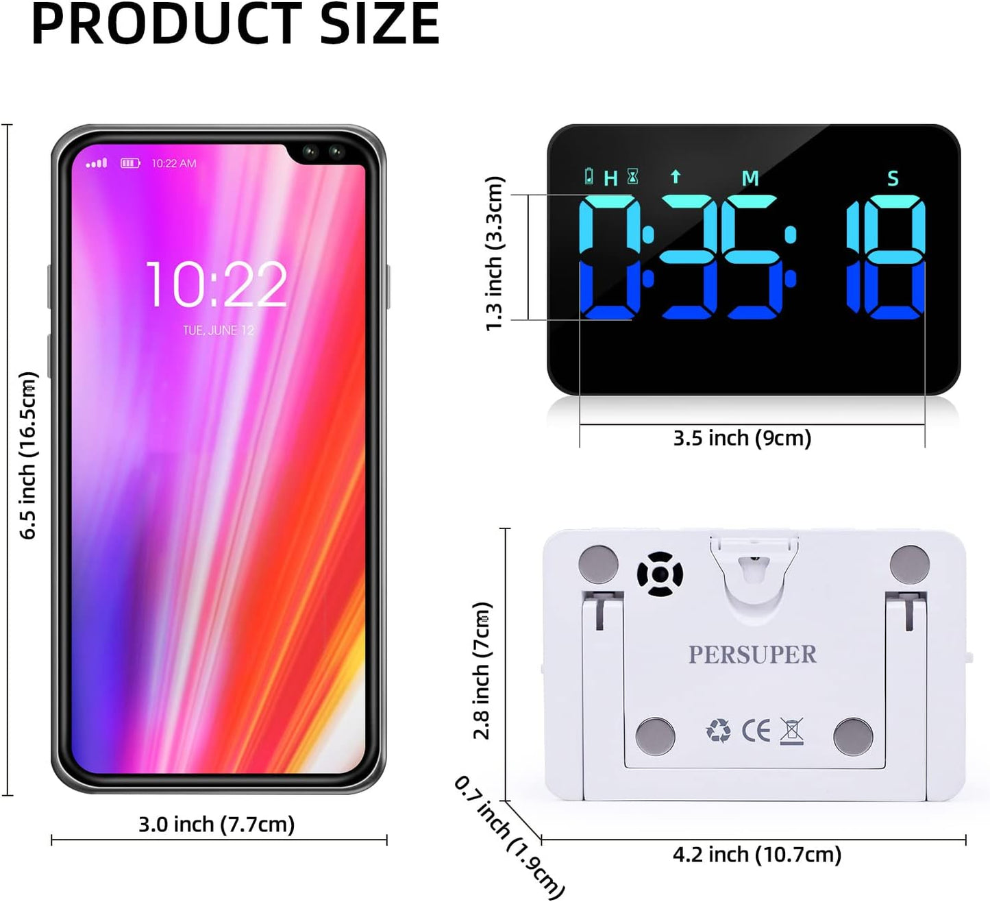PERSUPER Kitchen Digital Timer, Count Down Up, Rechargeable, Vibration Mode Adjustable Volume and Brightness LED Display, Time Management Cook, Desk, Kids Adults Study Teaching, Kitchen Gadgets RGB