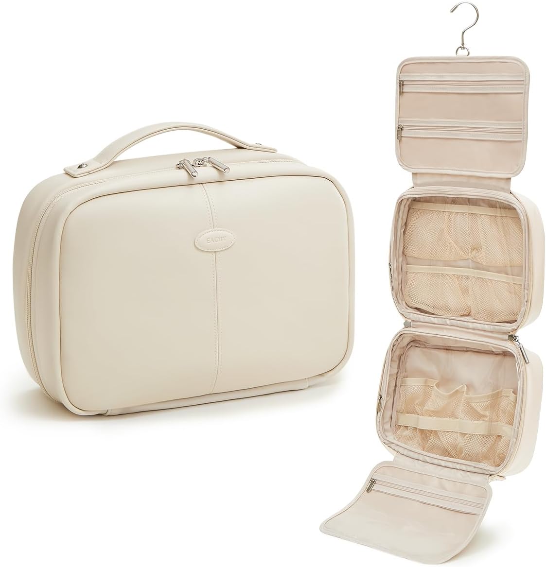 EACHY Toiletry Bag with Hanging Hook, Travel Makeup Bag PU Leather Cosmetic Bags for Women Make Up Organizer with 4 Compartments Waterproof Full-Size Portable Travel Essentials (Beige)