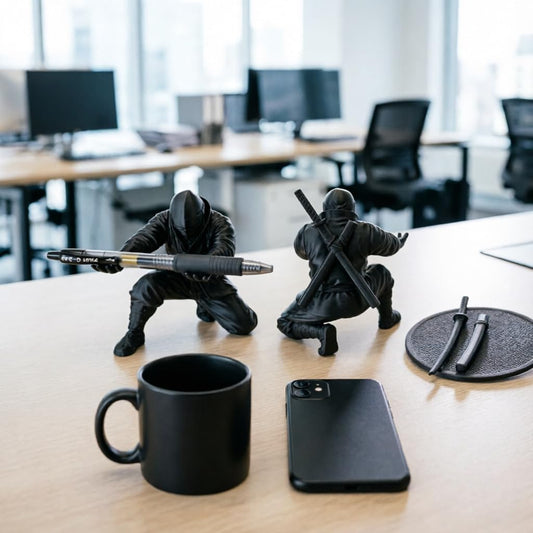 HUBAI 2 Packs Ninja Pen Holder For Desk,Ninja Warrior Pen Holder With Sword And Weapon Accessories,3D Printed Creative Ninja Desk Organizer with Sword,Office Desk Accessories(Red and Black)