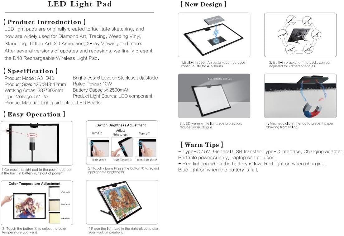 YINGWOND Rechargeable A4 LED Light Pad with Padded Case, Tracing Light Box w/Riser Stands and Paper Clip, 6 Levels of Brightness, Type-c Cable, Wireless Diamond Painting Light Board