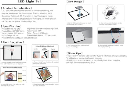 YINGWOND Rechargeable A4 LED Light Pad with Padded Case, Tracing Light Box w/Riser Stands and Paper Clip, 6 Levels of Brightness, Type-c Cable, Wireless Diamond Painting Light Board