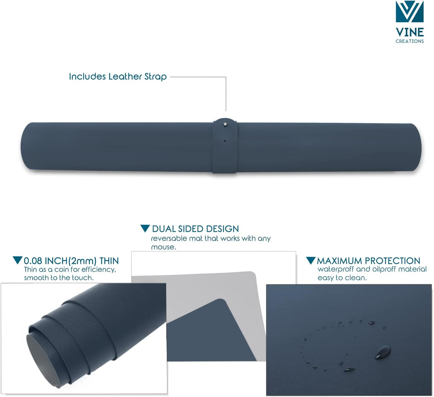 Leather Desk Pad 36" x 20", Vine Creations Office Desk Mat Waterproof Black - Premium Quality - Smooth Mouse Writing Surface - Maximum Protection Dual-Sided Pu Leather Blotter for Desk Office/Home